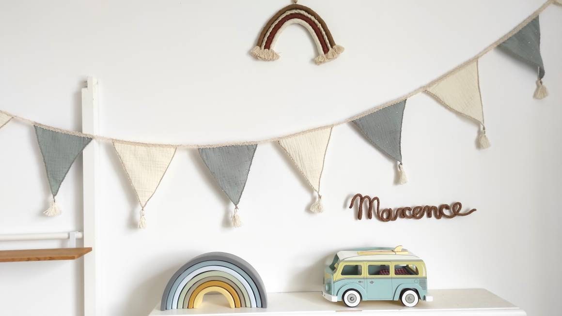 Guirlande Fanion Chambre Bébé Enfant Tissu en Gaze de Coton Style Rétro Vintage Bohème Boho Deco Kid