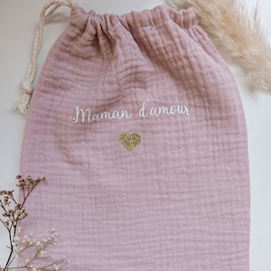 Sac pochon pochette gaze de coton rose message personnalisé sac tissu cadeau fête des mères