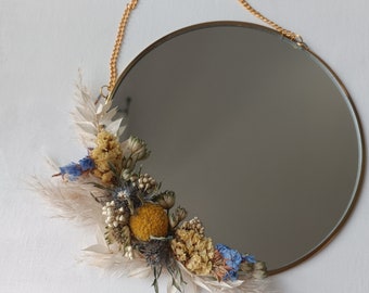 miroir fleurs séchées teintes jaune et bleu