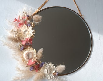 miroir fleurs séchées teintes rose, écru et lilas