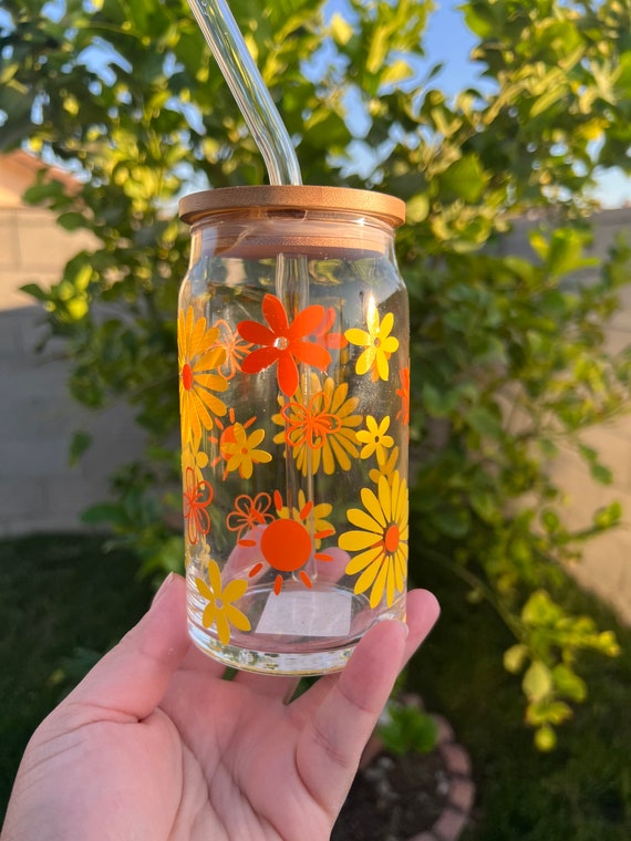 Sunflower Cup / Personalized Glass With Bamboo Lid And Straw