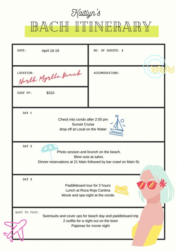 Summer Travel Girls Trip Itinerary Bachelorette - Etsy France