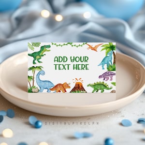 Cartes de tente d'étiquette de nourriture de fête d'anniversaire de dinosaure (téléchargement numérique)