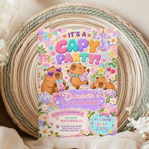 May include: A rectangular birthday invitation card featuring three cartoon capybaras, disco balls, and flowers. The text reads: IT'S A CAPY PARTY! Elizabeth's 7TH BIRTHDAY, JOIN US TO CELEBRATE, SATURDAY SEPTEMBER 23, ELIZABETH'S HOUSE, 1234 ROUTHVILLE, PHOENIX ARIZONA, AT 1:30PM, RSVP TO ELIZABETH 789-456-1130.
