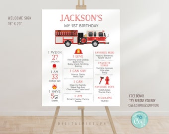 Editable Fire truck Birthday Milestone Poster Template, Firetruck Milestone Poster, Fire truck Milestone Board Poster