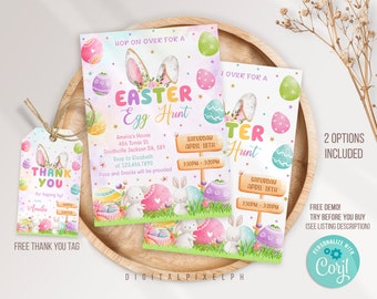 Easter Egg Hunt Invitation, Bunny Invitation, Easter Invitation, Easter Egg thank you tag, Easter Egg Editable Template