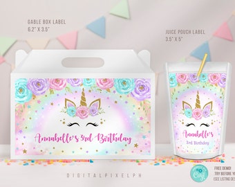 Editable Unicorn Capri Sun Labels, Unicorn Juice Labels, Unicorn Gable Box Favor Label, Unicorn Gable Box, Unicorn Favour Box Label