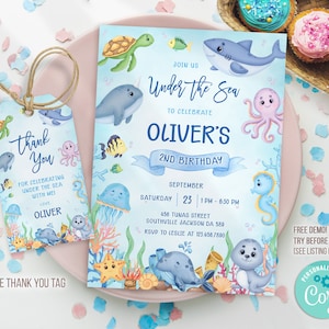 Editable Under The Sea Birthday Invitation, Editable Ocean Animals Party Invite Template, Under The Sea thank you tag