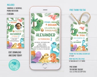 Dinosaur Electronic Invitation Template, Dinosaur Birthday Phone Invitation, Dinosaur Thank you tag, Editable Electronic Invitation