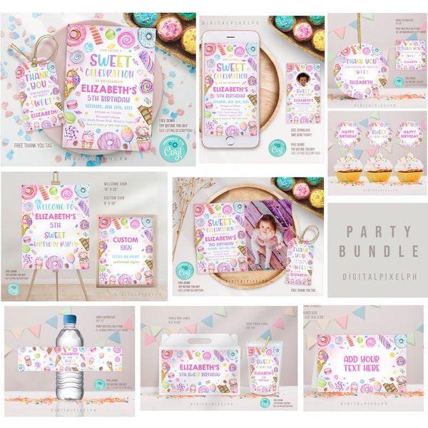 Editable Sweets Candy Birthday Invitation Bundle Template, Sweets Candy Welcome Custom Sign, Sweets Candy label, Sweets Candy party decor