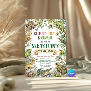 May include: A rectangular birthday invitation card featuring watercolor illustrations of various reptiles including a chameleon, turtle, crocodile, and lizard amidst green foliage. The text reads: SLITHER, HOP, & CRAWL ON OVER TO SEBASTIAN'S 5TH BIRTHDAY.