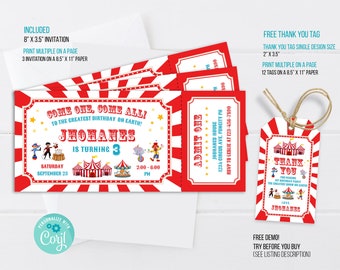 Carnival Ticket Birthday Invitation, Circus Ticket Invitation, Carnival Invitation, Carnival thank you tag, Editable Template