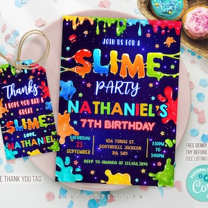 Slime Party Birthday Invitation, Slime Invitation, Slime Party Template, Slime thank you tag, Slime Editable Template, DPPH