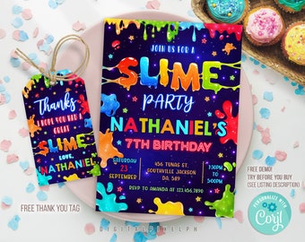 Slime Party Birthday Invitation, Slime Invitation, Slime Party Template, Slime thank you tag, Slime Editable Template