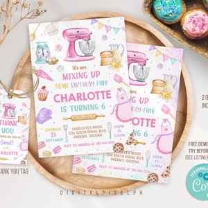 Editable Baking Birthday Party Invitation, Baking Party Invite, Cooking Birthday Invitation, Baking Thank you tag, Editable Template, DPH