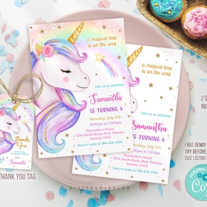 Faire-part d'anniversaire licorne, invitation d'anniversaire licorne, faire-part de fête licorne, faire-part modifiable, étiquette de remerciement licorne