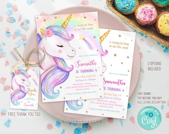 Editable Unicorn Birthday Invitation Template, Unicorn Birthday Invitation, Unicorn Thank you tags