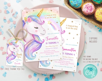 Faire-part d'anniversaire licorne, invitation d'anniversaire licorne, faire-part de fête licorne, faire-part modifiable, étiquette de remerciement licorne