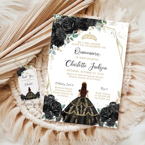 Editable Black Floral Quinceañera Invitation Template (Digital Download)