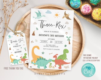 Plantilla de invitación a fiesta de cumpleaños de dinosaurio, invitación de cumpleaños de dinosaurio, etiqueta de agradecimiento de dinosaurio, imprimible, descarga instantánea