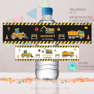 May include: Construction themed water bottle labels with yellow and black stripes. The labels feature a yellow excavator, a yellow dump truck, and the text "JACKSON'S 1st Birthday".