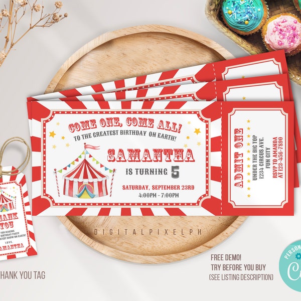 Carnival Ticket Birthday Invitation, Circus Ticket Invitation, Carnival Invitation, Carnival thank you tag, Editable Template