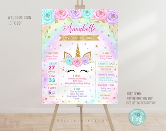 Editable Unicorn Birthday Milestone Poster Template, Unicorn Birthday Milestone Poster, Unicorn Milestone Board Poster