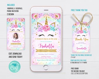 Unicorn Phone Birthday Invitation Template, Unicorn Electronic Invitation, Unicorn thank you tag, Electronic Invite, Phone Invite