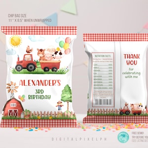 May include: A custom chip bag design for a 3rd birthday party. The front displays a red tractor, farm animals, and a barn illustration. The bag is white with a red and white gingham pattern and reads "ALEXANDER'S 3RD BIRTHDAY".