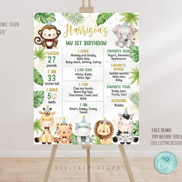 Editable Safari Birthday Milestone Poster Template, Safari Wild one Birthday Milestone Poster, Safari Birthday Milestone Board Poster