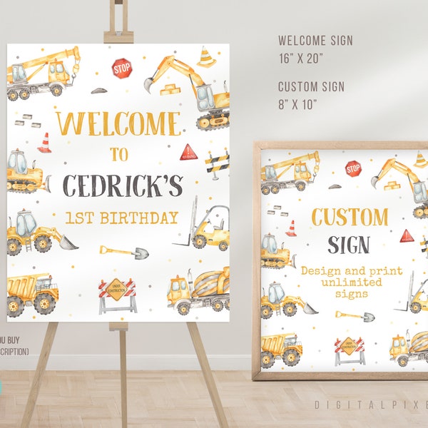 Editable Construction Birthday Party Welcome Sign Template, Construction Birthday Party Custom Sign Template