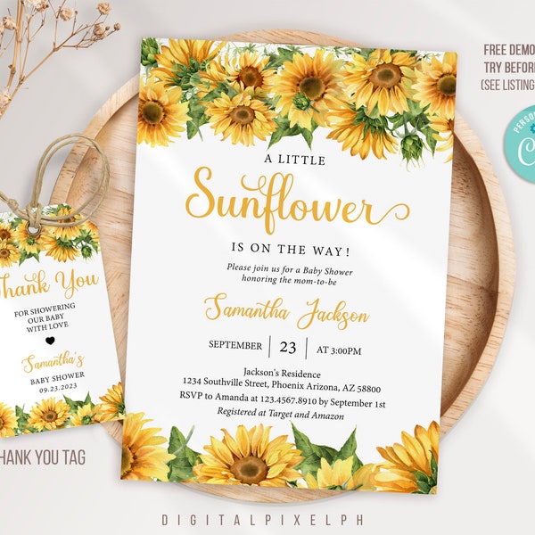 Editable Sunflower baby shower invitation template, Sunflower baby shower invitation, Sunflower thank you tags