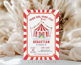 Plantilla de invitación de cumpleaños de carnaval, invitación de cumpleaños de circo
