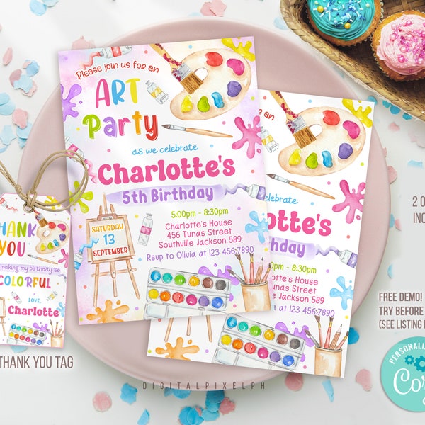 Editable Art Birthday Party Invitation Template, Art Painting Birthday Invitation, Art Painting thank you tag, Art Party Invitation