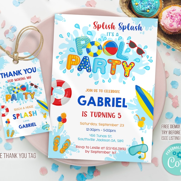 Pool Party Birthday Invitation, Pool Party Birthday Invite, Pool Party Invitation, Pool Party Thank you tag, Editable Invitation