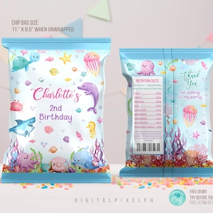 May include: Two chip bags with a sea-themed design. The front of the bag features a dolphin, shark, and other sea creatures, with the text "Charlotte's 2nd Birthday." The back of the bag says "Thank You for coming to my party."
