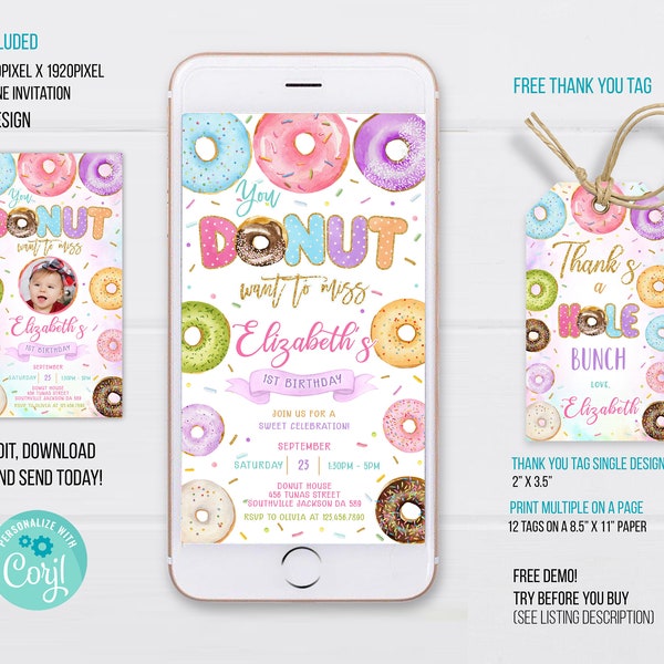 Donut Electronic Invitation Template, Donut Phone Invitation Editable Electronic Invitation