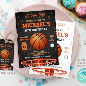 Editable Basketball Birthday Invitation Template, Basketball Birthday Invitation, Basketball invitation, Basketball thank you tag, DPH
