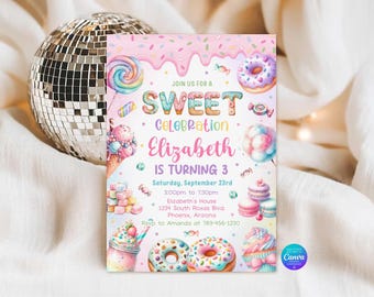 May include: A rectangular invitation card featuring a pastel pink background with dripping icing and sprinkles. The text reads: JOIN US FOR A SWEET CELEBRATION Elizabeth IS TURNING 3, Saturday, September 23rd, 3:00pm to 7:30pm, Elizabeth's House, 1234 South Roxas Blvd, Phoenix, Arizona, Rsvp to Amanda at 789-456-1230. Illustrations include a lollipop, donut, ice cream cone, cotton candy, macarons, and cupcakes.