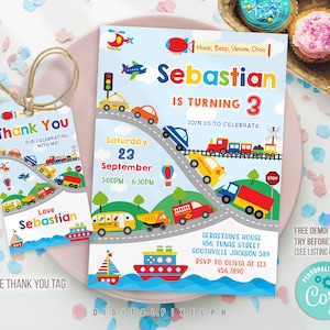 Modello di invito di compleanno per trasporto modificabile, invito di compleanno per veicolo di trasporto, tag di ringraziamento per trasporto M3L