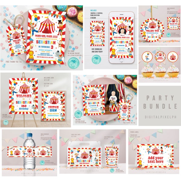 Editable Circus Birthday Invitation Bundle Template, Circus Welcome Custom Sign, Circus label, Circus party decor