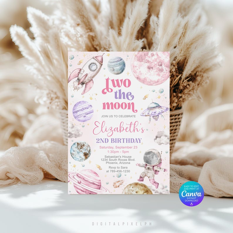 May include: A pink and purple space-themed birthday invitation with the text "Two the Moon." The invitation includes illustrations of planets, a rocket ship, an astronaut, and a UFO. The invitation is for Elizabeth's 2nd birthday.