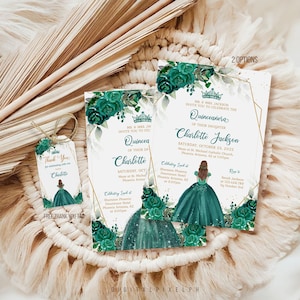May include: Elegant Quinceañera invitations and a matching tag, featuring a teal gown illustration, floral accents, and gold geometric frames. The invitations include event details and the name "Charlotte". The design is set against a neutral, textured background.