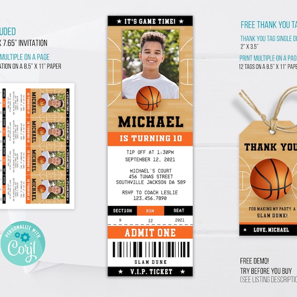 Basketball Ticket Birthday Invitation, Basketball Ticket Invitation, Basketball Invitation, Basketball thank you tag, Editable Template