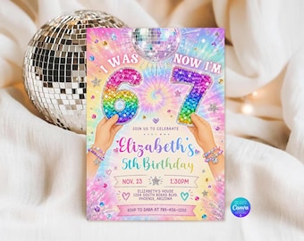 Girl Rainbow Pastel Six Seven Meme Birthday Invitation , 7th Birthday Invitation, I Was 6 Now I’m 7 Birthday Invitation, Tie Dye Invite