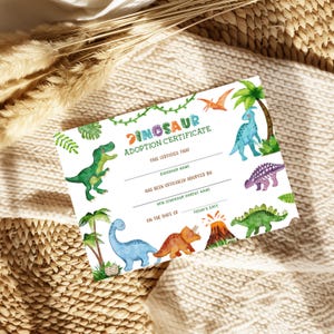 Dinosaur Adoption Certificate Template, Editable 7x5 (Digital Download)