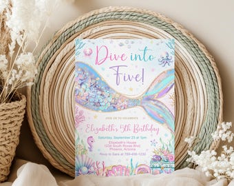 Mermaid Birthday Invitation, Under The Sea, Dive Into Five (Digital Download)