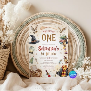May include: A rectangular birthday invitation card featuring a cream background with illustrations of a wizard hat, owl, broomstick, books, glasses, potion bottles, a treasure chest, and a scarf. Text reads: THE CHOSEN ONE Sebastian's 1st Birthday.