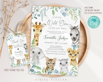 Editable Safari Animals baby shower invitation template, Safari Wild One baby shower invitation, Safari Wild One thank you tags