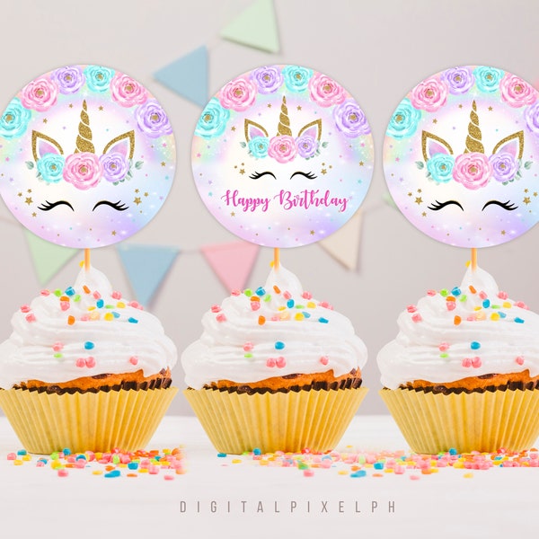 Unicorn Birthday Party Cupcake Toppers, Unicorn Cupcake Toppers, Instant Download, Non-Editable